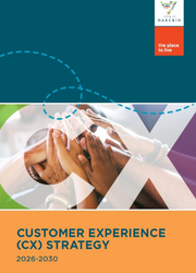 Cover of Darebin's Customer Experience Strategy Report. The cover has three sections. The top is a dark teal colour with the Darebin logo in the top right. The second is an image of people's hands raised in high-five style. The bottom shows an orange colour with the report title in dark teal.