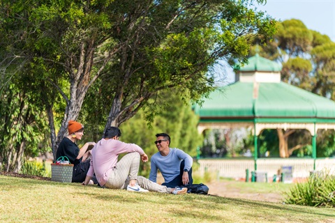 Three people sitting on the grass
