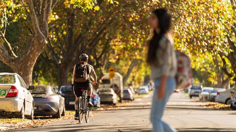 Pedestrian and cyclist on a street