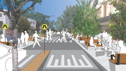 Artist impression of High St Preston streetscape upgrade showing pedestrian crossing and people crossing the road and standing on the footpath