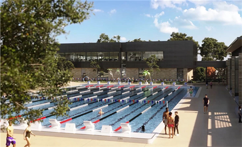 Northcote outdoor swimming pool with people in pool and standing on deck talking.