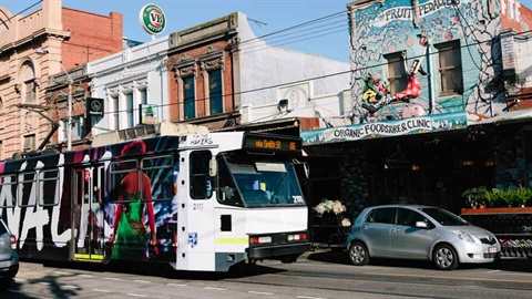 Tram in shopping centre