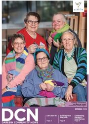 Darebin Community News cover with an image of five women sit in a group wearing woollen scarves and smiling. Two women hold wool and knitting needles.